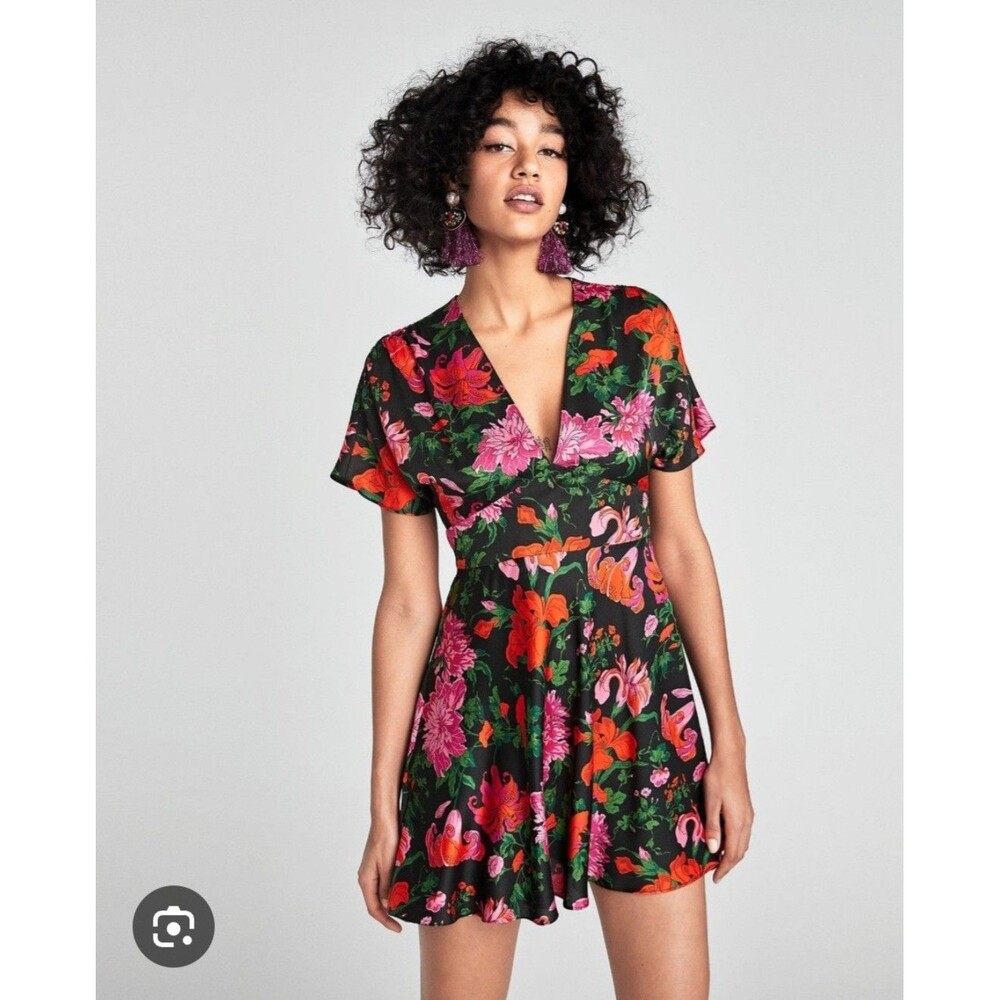 Zara Floral Print Fit & Flare Satin Mini Dress Women's XS Black Pink Cottagecore
